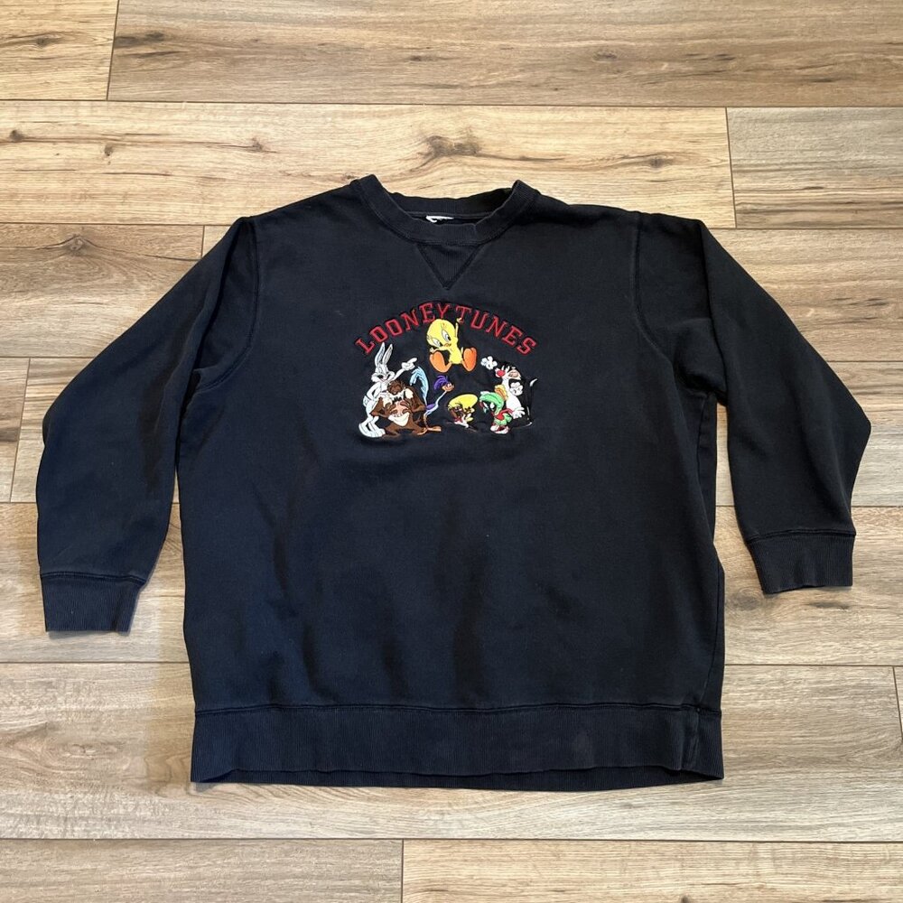 VTG Looney Tunes Embroidered Crew Neck Sweatshirt Adult SZ XL Black Bugs Tweety